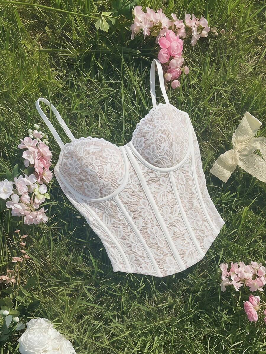 SHEIN MOD 女款白色花卉蕾絲刺繡無鋼圈內衣,優雅夏季心形領細肩帶胸衣馬甲,婚禮賓客復古骨架短版上衣,派對節慶適用 - 白色 - 查看 1
