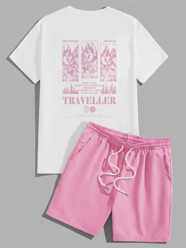 Manfinity ZONE917 Men's Standard Size White Short Sleeve Pink Woven Shorts T-Shirt Set