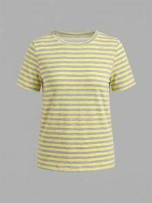 Attitoon Camiseta de manga corta holgada de cuello redondo, estilo minimalista, casual, de algodón al 95% con rayas amarillas y grises - Básica casual, versátil para todas las estaciones de primavera/verano/otoño, estilo retro vintage cute y clean girl Y2K, perfecta para salidas casuales, hogar, vuelta al cole, festivales occidentales, citas dulces, té de la tarde, vacaciones de primavera/verano y moda casual diaria - Multicolor - Ver 4