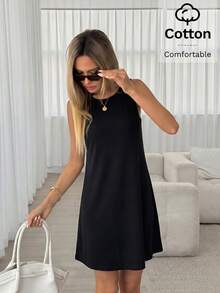 Easowa Women's Solid Color Round Neck Casual Basic Sleeveless Mini Dress Cotton Material Is Comfortable Summer Vacation Black Travel Daytime Everyday - Black - View 3