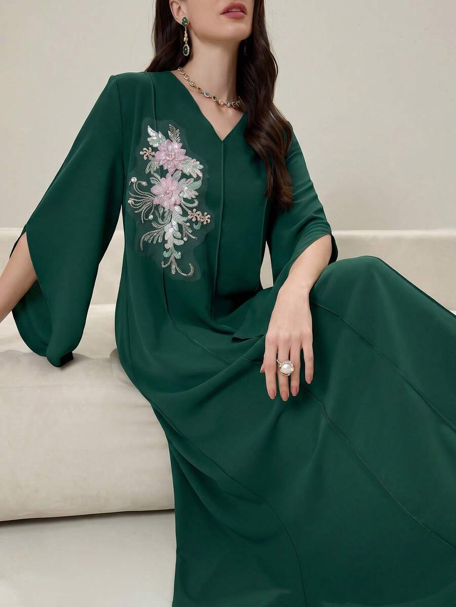 Yasmyna Colorblock Patchwork Luxurious 3D Embroidered Applique V-Neck Long Sleeve Turkish Tunic - Dark Green - View 1
