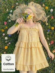 SHEIN MOD Plus Size Yellow & White Plaid Bow Tie Blouse,Curve Summer Tiered Ruffle Gingham Top,Suitable For Picnic,Holiday,Party Outing And Spring Marigold Top - Yellow - View 2