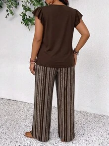 SHEIN Frenchy Plus Size Vacation Casual Solid Color Top And Striped Long Pants 2pcs Set - Brown - View 2