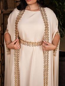The Leen Edit Women's Splice Ribbon Batwing Sleeve Jacket & Dress Elegant 2 Pieces Set Summer - Apricot - View 5