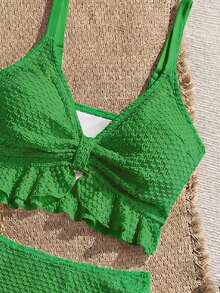 Swim Vcay Women's Solid Color Textured Fabric Sweet Ruffle Drawstring Pleated High Waist Tank Top Bikini - Green - View 4
