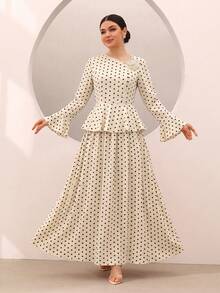 Graceveil Polka Dot Print Ruffle Hem Bell Sleeve Cinched Waist Top And Flared Skirt Set - Apricot - View 2