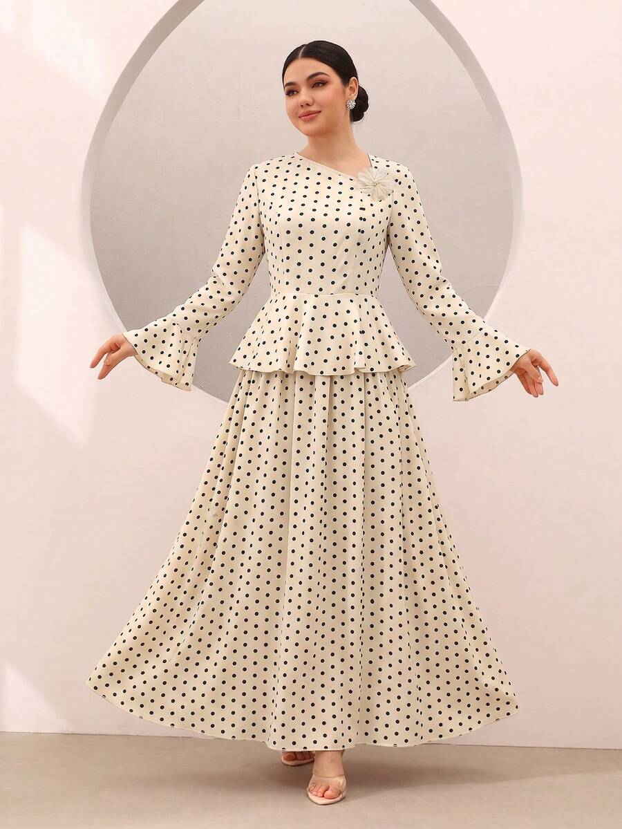 Graceveil Polka Dot Print Ruffle Hem Bell Sleeve Cinched Waist Top And Flared Skirt Set