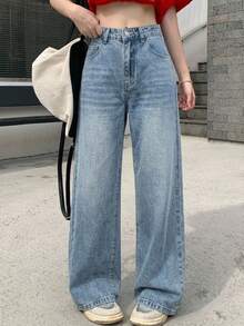 DAZY Women's Pocket Wide Leg Loose Casual Versatile Denim Jeans - Blue - View 2