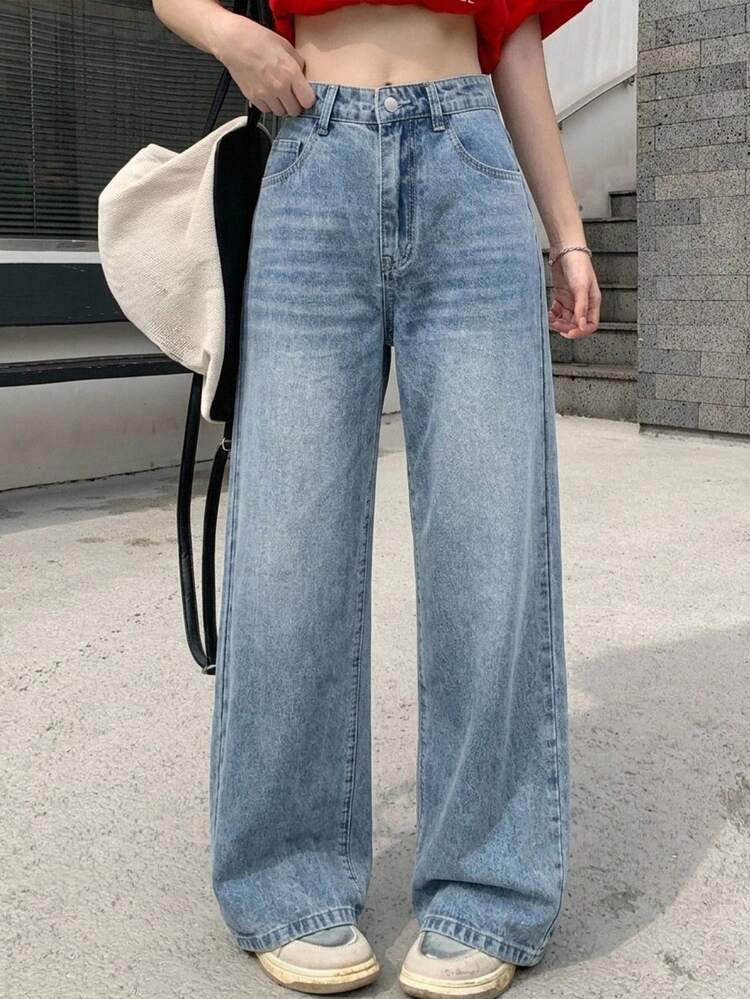 Women's Pocket Wide Leg Loose Casual Versatile Denim Jeans