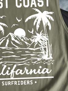 Tween Boy Retro American Tropical Plant Print Tank Top,Grey Summer Casual Vacation Holiday Loose Fit Round Neck Sleeveless Vest For Street Daily Wear - Dark Green - View 4