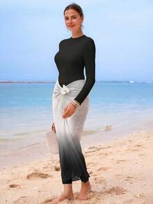 Swim Shayni Summer High-End Elegant Solid Color Gradient Beach Dress Design Hot-Selling Burkini Swimsuit - Black - View 4