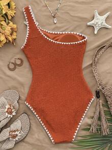 SHEIN Teen Girl Textured Metallic Starfish Decor Shell Embroidery One-Piece One-Shoulder Jumpsuit - Rust Brown - View 2