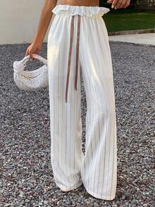 Livesso Women's Autumn Lace-Up Tie-Up Lace Patchwork Loose Casual Southern Street Wedding Beach Vacation Striped Straight Leg Casual Long Pants White And Gold - Beige - View 4