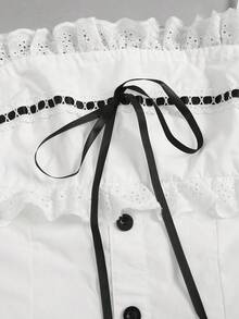 Elamini Women's Summer Lace Collar Ribbon Tie Decor Pure Cotton Short White Dress, Suitable For Collegiate Style - White - View 7