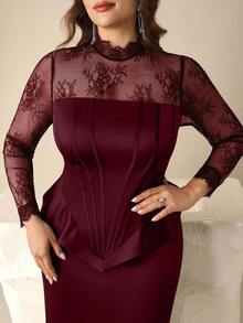 Coutiva Plus Size Formal Evening Gown (Heavily Embellished) - Burgundy - View 8