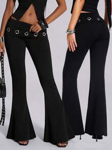 Nooralise Women's Trashy Girlisim Y2k Pastal Autumn Night Golf Flare Leg Pants, Metal-Decorated Waist Fold Eyelet Design Slim-Fit Solid Color Edgy Chic Urban - Black - View 1