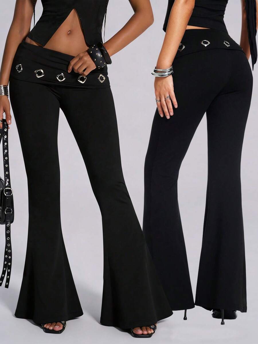 Nooralise Women's Trashy Girlisim Y2k Pastal Autumn Night Golf Flare Leg Pants, Metal-Decorated Waist Fold Eyelet Design Slim-Fit Solid Color Edgy Chic Urban - Black - View 1