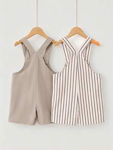 SHEIN Casuvi Kids 2件裝小男孩休閒條紋吊帶褲，適合夏季日常休閒穿著 - 卡其色 - 查看 2