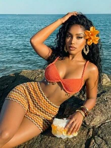 Slaydiva Bikini Top Cup-Shaped Burnt Orange Brown Striped Twisted Shoulder Straps Shell Woven Belts Beach Vacation Holiday Wear Two Pieces Set Summer Sexy - Orange - View 12