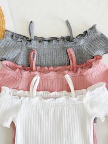 SHEIN LMoss Kids 新生女嬰休閒可愛簡約針織素色露肩短袖連身衣 3件組 - 彩色 - 查看 6