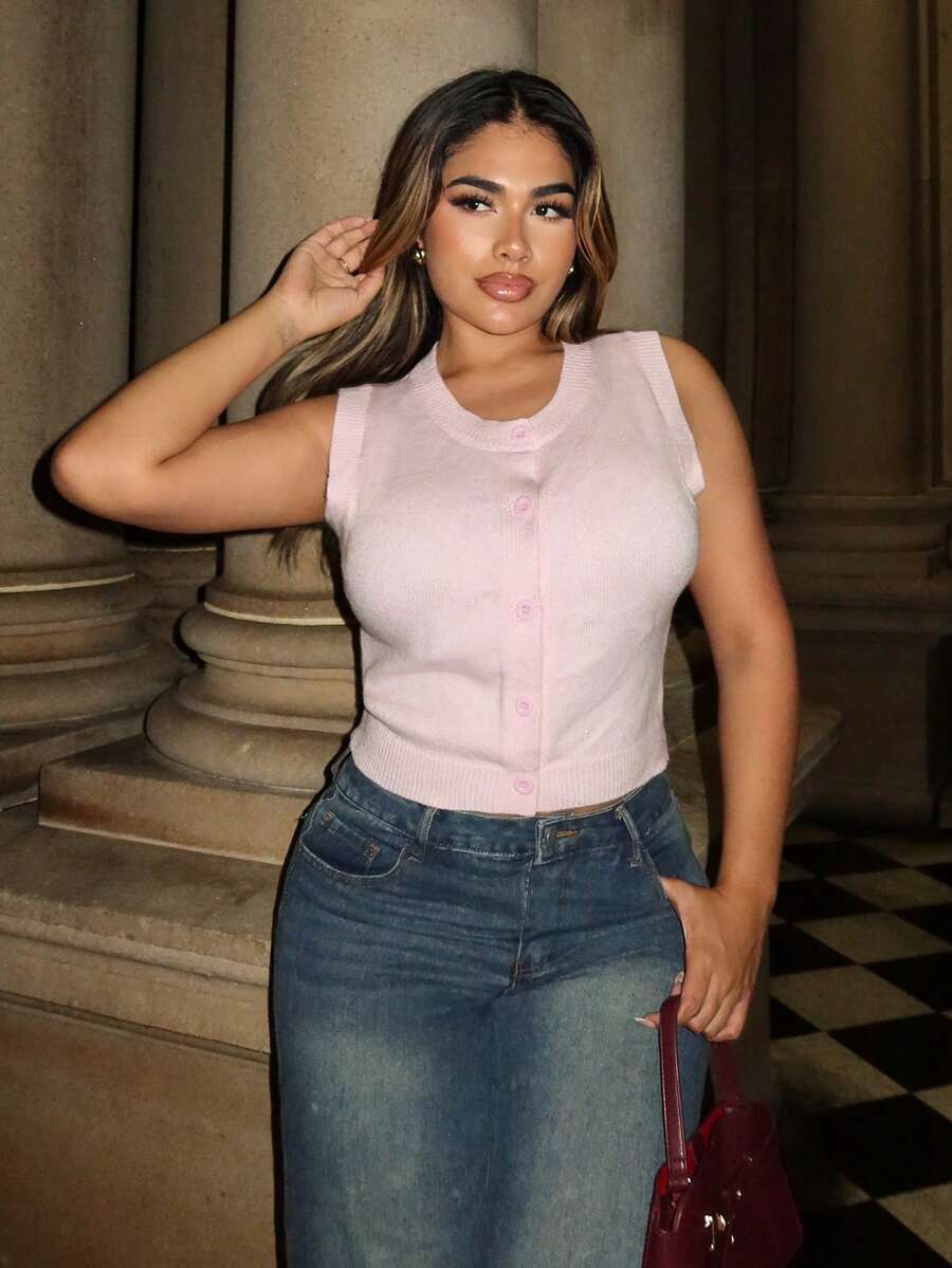 Maria Perezxox Pink V-Neck Cardigan Sweater Vest For Women Going Out Tops Women - Pink - View 1