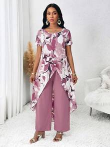 SHEIN Lady Women's Elegant Design 2pcs Set Round Neck Short Sleeve Allover Print Split Top And Comfortable Wide-Leg Pants - Multicolor - View 5