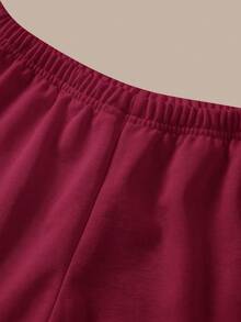 SHEIN BASICS 女款休閒基礎純色針織中低腰運動超短褲，居家健身休閒夏季運動短褲，酒紅色 - 酒紅色 - 查看 4