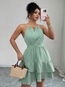 Elenzga Elegant Halter Neck Beaded Tie Strap Cold Shoulder Ruffle Tiered Plus Size Dress Formal Vacation Sage Green Summer - Green - View 4