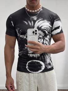 ESTAVOR Camiseta con estampado de león para hombre, de verano - Gris - Ver 2