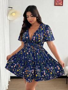 Vionelle Plus Size Women's Vacation Chiffon Printed Ruffle Sleeve Lettuce Edge Dress - Navy Blue - View 5