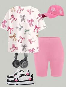Emery Rose Kids Emery Rose Kids 2 件套 Tween 女童休闲蝴蝶结设计宽松短袖 T 恤和短裤，夏季服装 - 彩色 - 查看 2