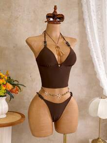 Bonvoyette Women's 2026 Spring/Summer New Coffee Color Beaded Trim V-Neck Backless Adjustable Triangle Bikini Set, 2 Pieces - Coffee Brown - View 4