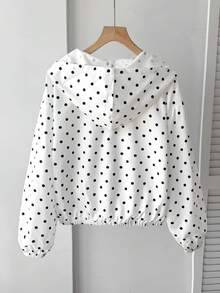 SHEIN 青少年女孩編織純色波點貼袋短版寬鬆休閒連帽秋季外套 - 黑與白 - 查看 2