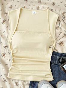 SHEIN Teen Girls T-Shirts Summer Solid Ruched Side Tank Top - Yellow - View 3