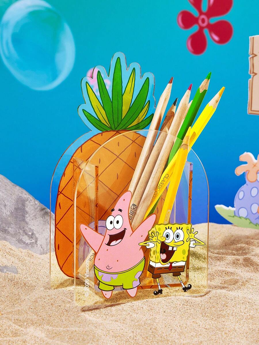SpongeBob SquarePants | SHEIN 卡通鳳梨屋透明壓克力桌面收納盒，可愛桌面儲物盒，適用化妝刷、文具與化妝品，適合女孩、學生與上班族 - 彩色 - 查看 1