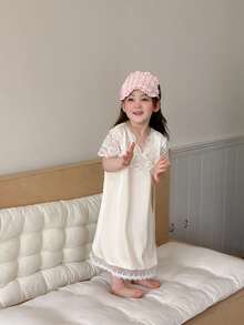 DAZY Baby Girl Lace Patchwork Short Sleeve Loungewear Dress Summer Toddler - White - View 2