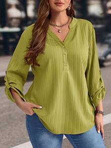 EMERY ROSE Plus Size Solid Color Notched Neck Roll Up Sleeve Casual Blouse ,Winter Clothes Fall - Green - View 8
