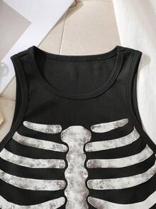INAWLY Regata Estampada com Esqueleto, Blusas Gráficas Femininas - Preto - Visão 4
