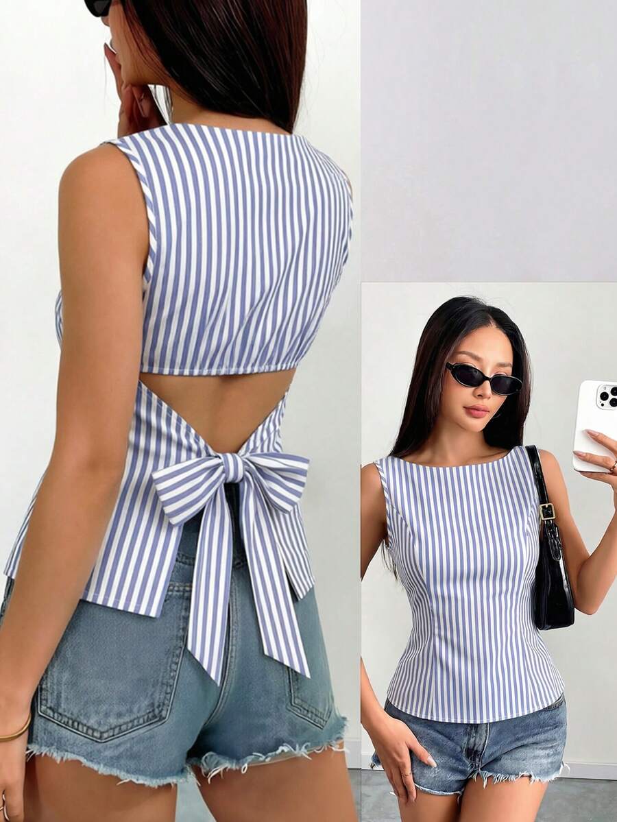 SHEIN Raffinéa 纯色露背系带蝴蝶结无袖衬衫,优雅休闲性感简约办公室商务女装,春夏款 - 藍白色 - 查看 1