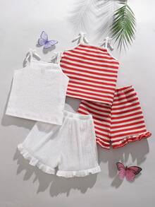 Elladie kids 少女 4件組/套可愛風格少女背心套裝，春/夏，白色 & 粉色，細肩帶上衣領口與肩部飾有荷葉邊設計增添甜美感，搭配彈性腰圍荷葉邊下襬短褲，協調設計，舒適面料適合日常出遊、休閒與度假 - 紅白色 - 查看 5