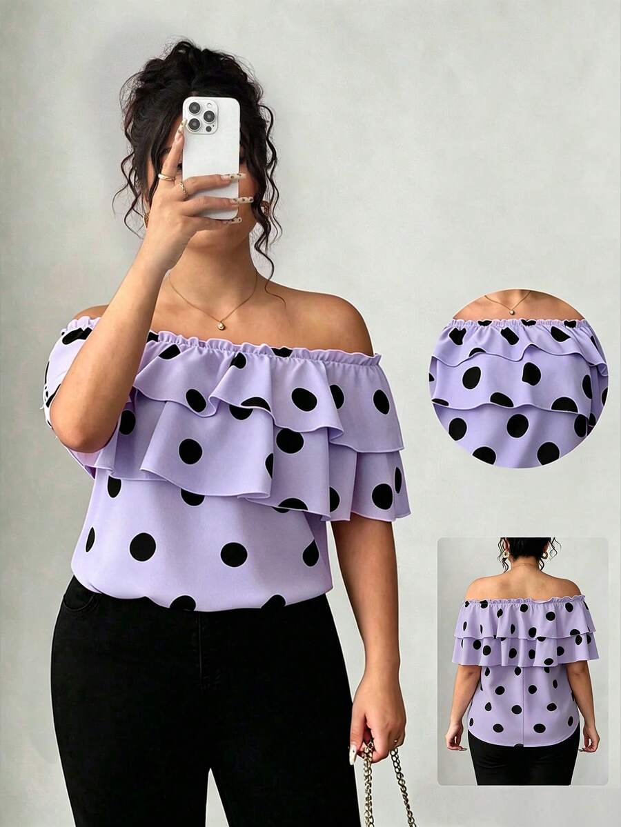 Elenzga Blusa de mujer talla grande con estampado de lunares clásico, doble capa de volantes y hombros descubiertos - Morado - Ver 1