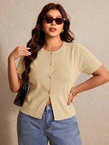 Elaquor Plus Size Summer Casual Solid Color Short Sleeve Cardigan Fall - Apricot - View 1