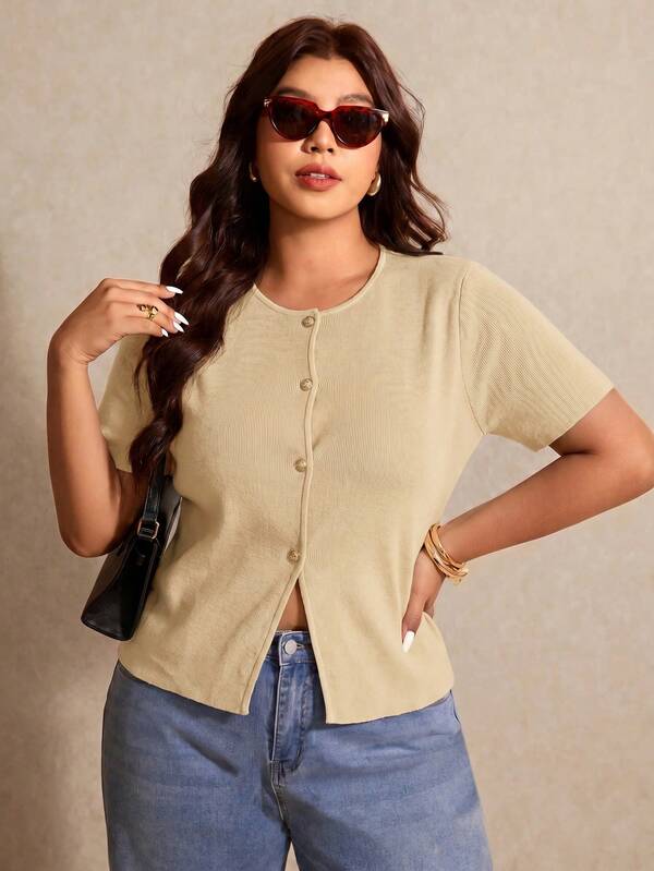 Elaquor Plus Size Summer Casual Solid Color Short Sleeve Cardigan Fall
