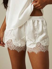 MISSGUIDED Satin Lace Trim Lounge Shorts Elastic Waist Luxurious Sleepwear Bridal Honeymoon Pajama Bottom - White - View 4