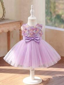 SHEIN Glamorique Kids 女嬰公主洋裝，優雅可愛紫色粉色3D花朵無袖蝴蝶結網紗蓬蓬裙，生日派對、婚禮節日禮服、舞會禮服、畢業禮服、夏季洋裝 - 紫色 - 查看 6