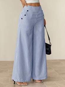 SHEIN PETITE Women's Casual Sexy Blue And White Stripe Button Decor Wide Leg Pants,Petite Women Beach Autumn - Blue and White - View 5