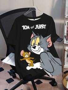 TOM & JERRY X SHEIN 大尺碼女款可愛卡通圖案字母印花圓領短袖T恤 - 白色 - 查看 1