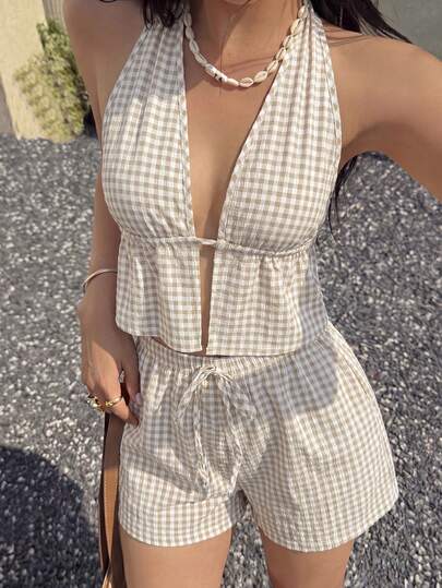 Selianne Spring/Summer Vacation Brown Small Plaid Backless V-Neck Front Tie Strap Top And Low Waist Drawstring Tie Shorts Set, Small Size Women's Clothing, Spring/Summer, Vacation, Beach, Commute, Minimalist Style, Versatile Set