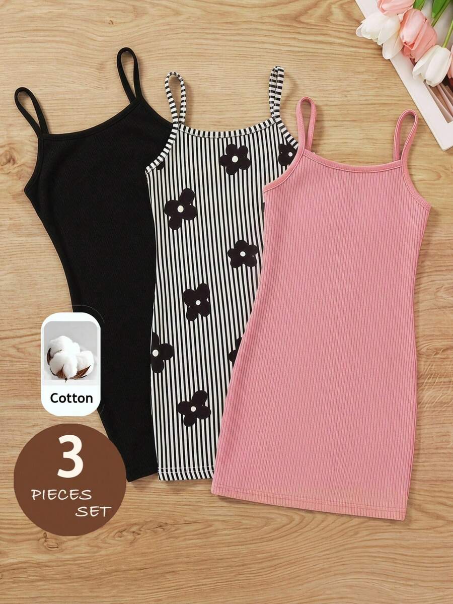 SHEIN 3件套女童针织纯色条纹花卉图案吊带连衣裙套装 - 彩色 - 查看 1