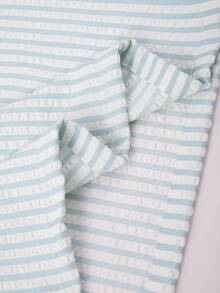 2 peças Conjunto de camisa de manga curta e calções para rapazes adolescentes, primavera/verão, férias, texturado, cor damasco, riscas verticais bolha - Baby Azul - Ver 4
